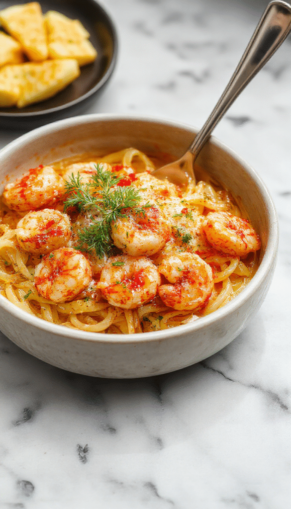A vibrant plate of garlic butter shrimp pasta featuring succulent pink shrimp, glossy al dente spaghetti coated in golden garlic butter sauce, garnished with fresh parsley and lemon wedges on a rustic wooden table with a light-colored background.