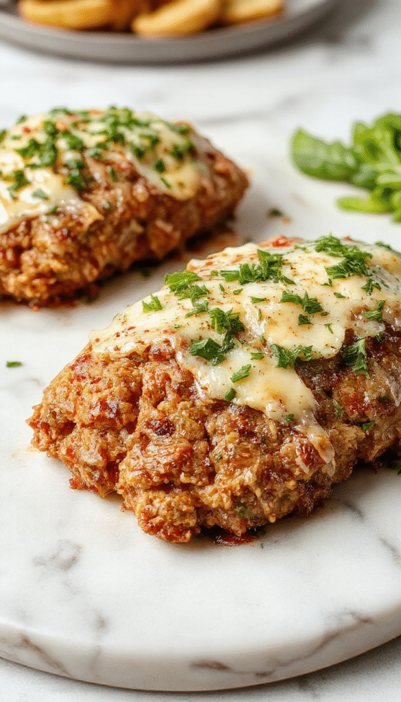 A beautifully sliced chicken meatloaf topped with melted Parmesan and garlic, plated on a rustic white dish with a side of fresh herbs, showcasing a golden-brown crust and tender interior.