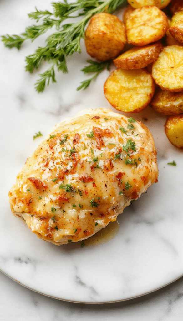 A close-up of tender, golden-brown garlic Parmesan chicken breasts nestled alongside crispy roasted potatoes in a rustic white bowl, garnished with fresh parsley and grated Parmesan, with bubbling sauce and vibrant green herbs adding to the appealing presentation.
