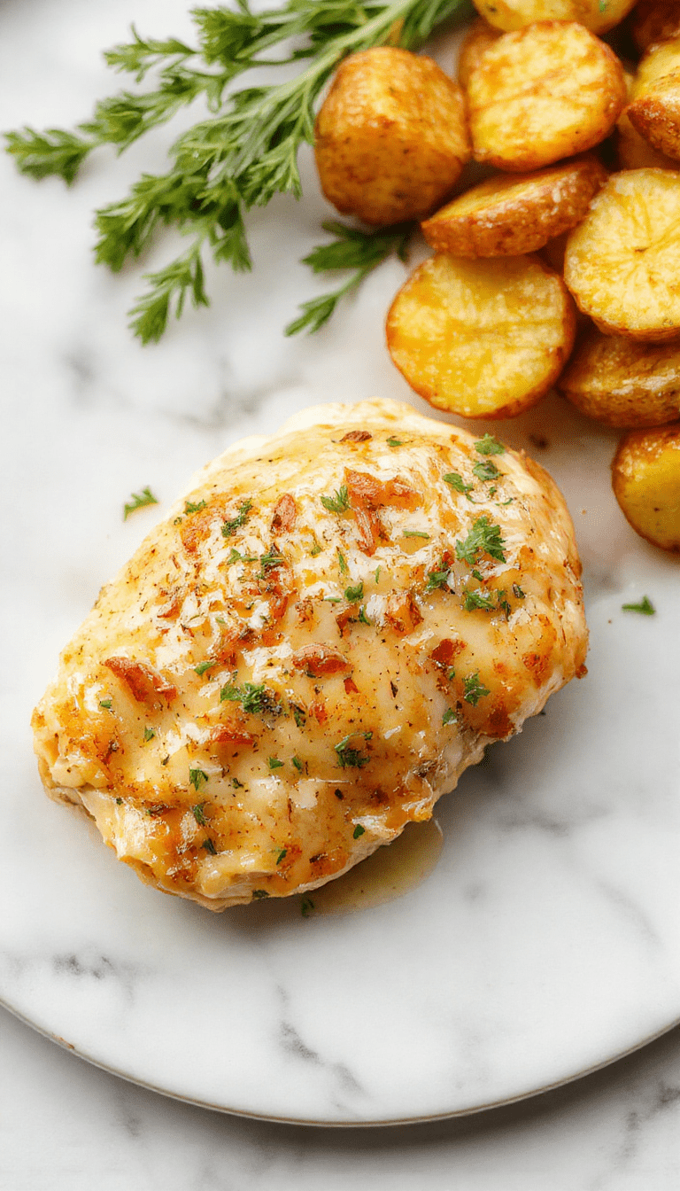 A close-up of tender, golden-brown garlic Parmesan chicken breasts nestled alongside crispy roasted potatoes in a rustic white bowl, garnished with fresh parsley and grated Parmesan, with bubbling sauce and vibrant green herbs adding to the appealing presentation.