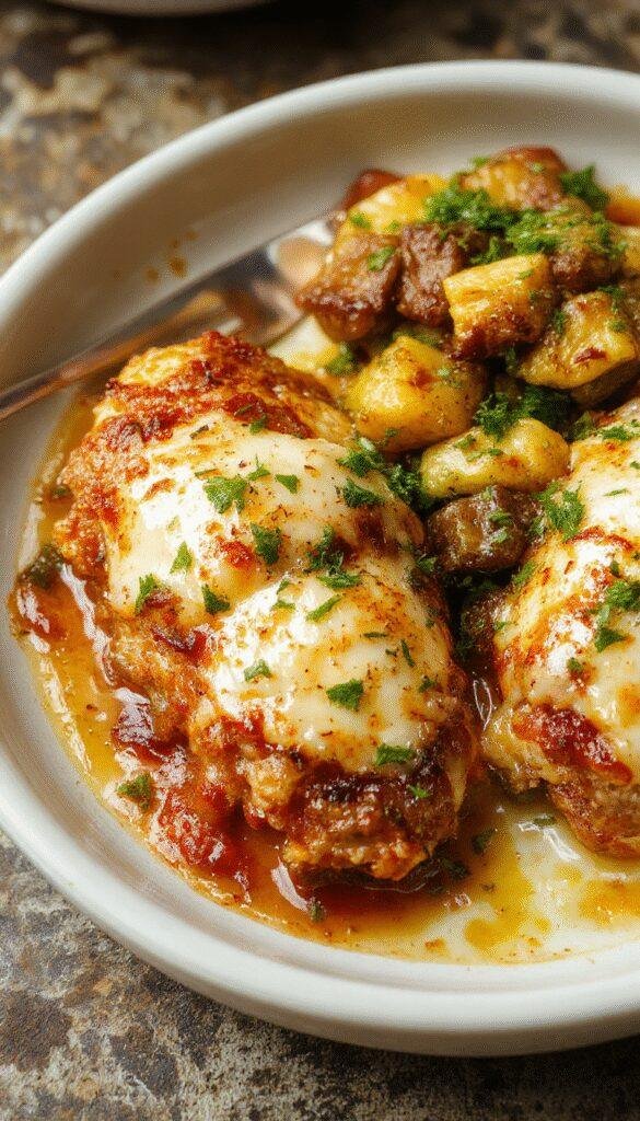 Golden Baked Chicken Parmesan served on a plate with melted cheese, marinara sauce, and fresh basil garnish.