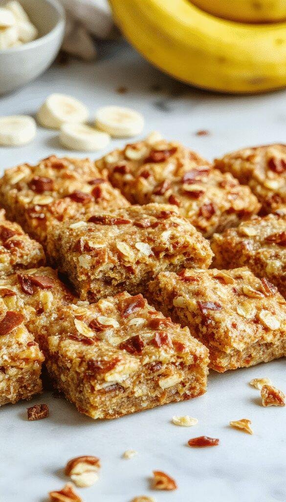 Close-up of Golden Banana Oat Bars arranged on a rustic wooden platter, showcasing their golden crust and oat texture with banana slices.