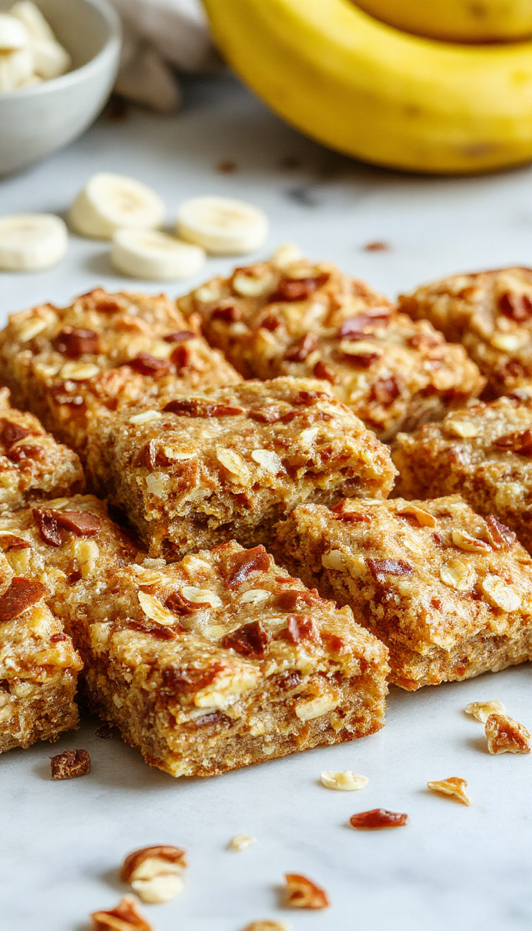 Close-up of Golden Banana Oat Bars arranged on a rustic wooden platter, showcasing their golden crust and oat texture with banana slices.