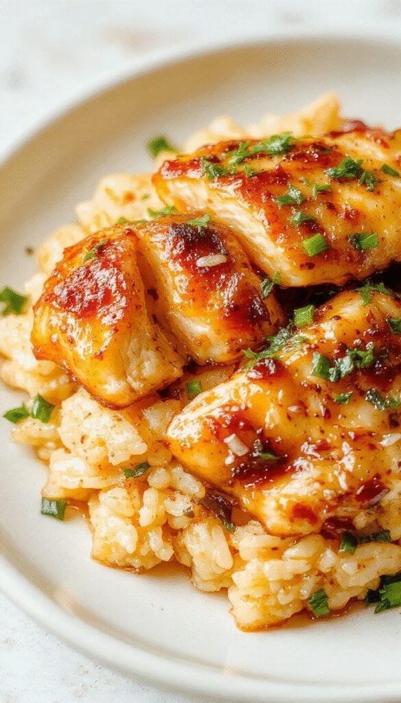 A plate of golden caramelized chicken glazed with shiny caramel sauce, served over aromatic rice with visible garlic and ginger slices, garnished with fresh herbs.