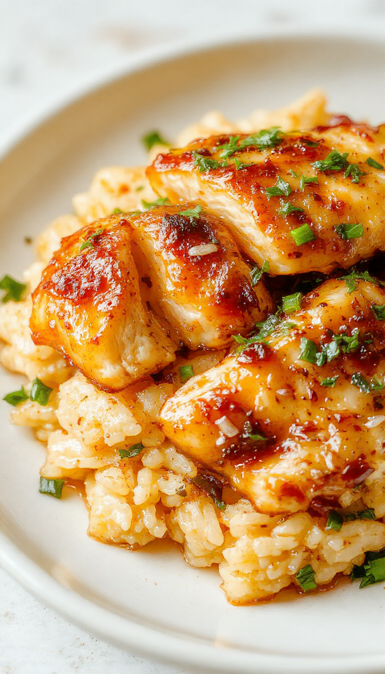 A plate of golden caramelized chicken glazed with shiny caramel sauce, served over aromatic rice with visible garlic and ginger slices, garnished with fresh herbs.