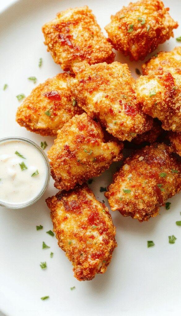 Golden crispy oven-baked chicken strips served on a plate with dipping sauces, garnished with herbs.