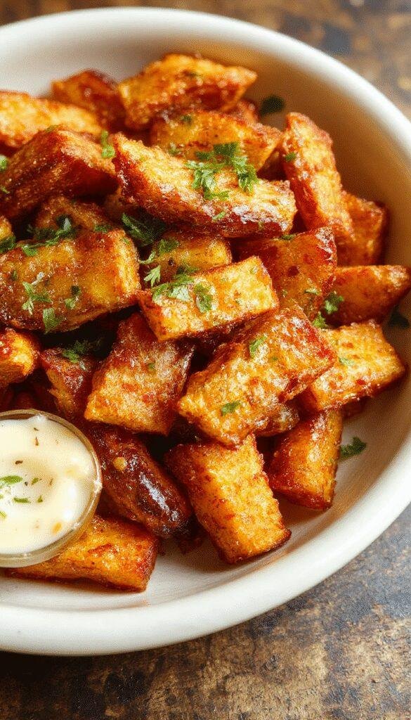 Golden crispy oven-baked sweet potato fries arranged on a rustic wooden plate garnished with herbs