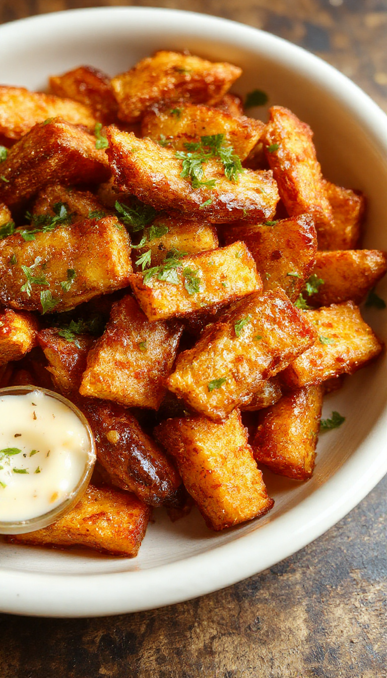 Golden crispy oven-baked sweet potato fries arranged on a rustic wooden plate garnished with herbs