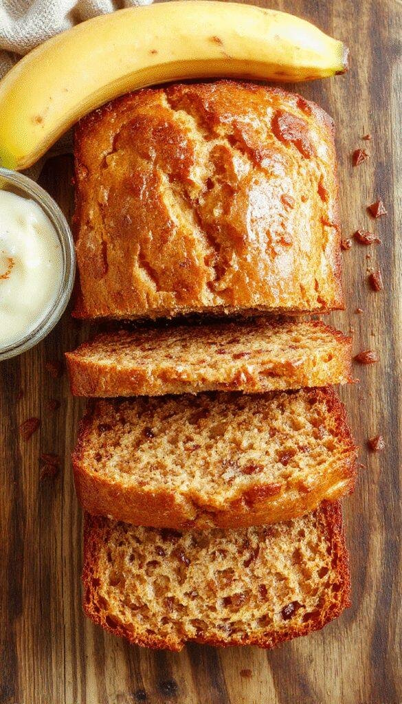 A sliced golden banana bread topped with swirls of Greek yogurt and banana slices, surrounded by fresh bananas and a cup of tea.