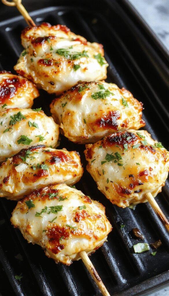 Juicy golden grilled garlic Parmesan chicken skewers garnished with fresh herbs on a summer barbecue grill.