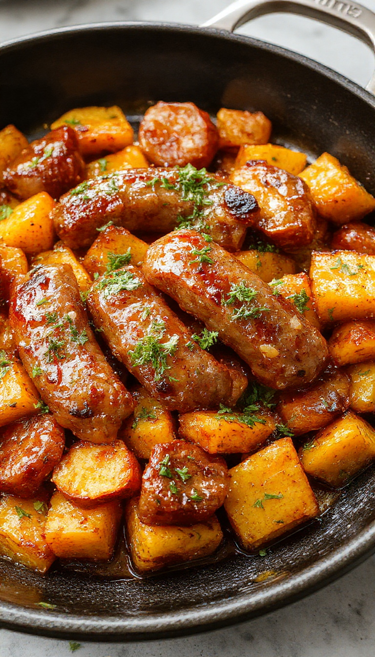 A vibrant skillet featuring golden honey-glazed sausage links, roasted sweet potato cubes, cherry tomatoes, and fresh herbs, creating a colorful sweet and savory dish.