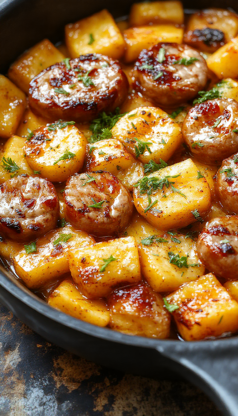 A vibrant skillet featuring golden brown sausages, roasted sweet potato cubes, and caramelized garlic drizzled with honey, garnished with fresh herbs.