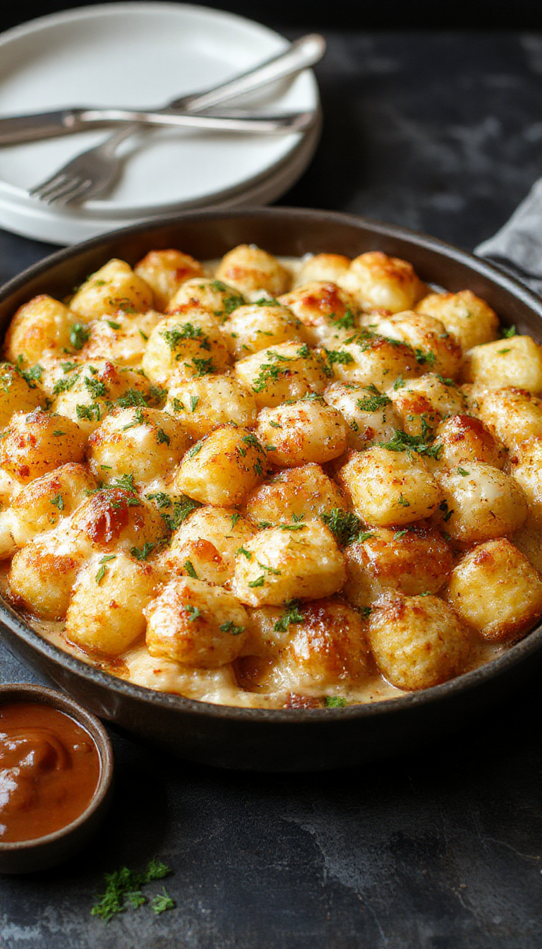 A golden-brown Tater Tot Bake garnished with fresh herbs on a rustic baking dish, steaming and ready to serve.