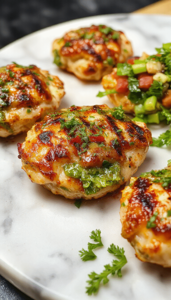 Colorful grilled chicken breast topped with vibrant green salsa verde, melted pepper jack cheese, garnished with fresh cilantro and lime wedges, presented on a rustic wooden platter with grilled vegetables in the background, showcasing a juicy, flavorful, and visually appealing dish.