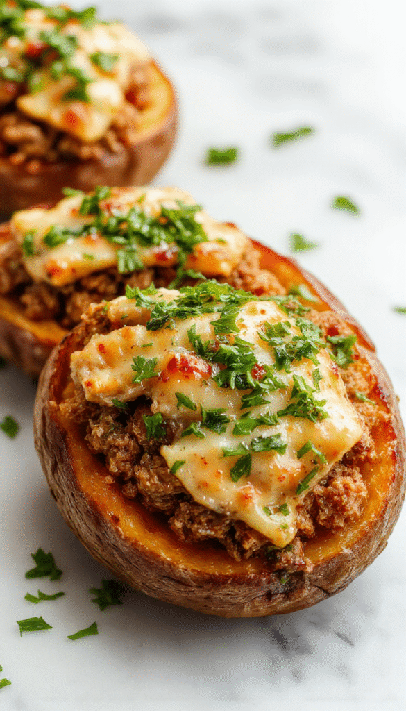 Colorful ground turkey and roasted sweet potato bake served in a rustic ceramic dish, topped with fresh herbs. The dish showcases vibrant orange sweet potatoes, tender ground turkey, and a crispy golden crust, garnished with parsley and a drizzle of sauce, styled simply for an inviting home-cooked meal.