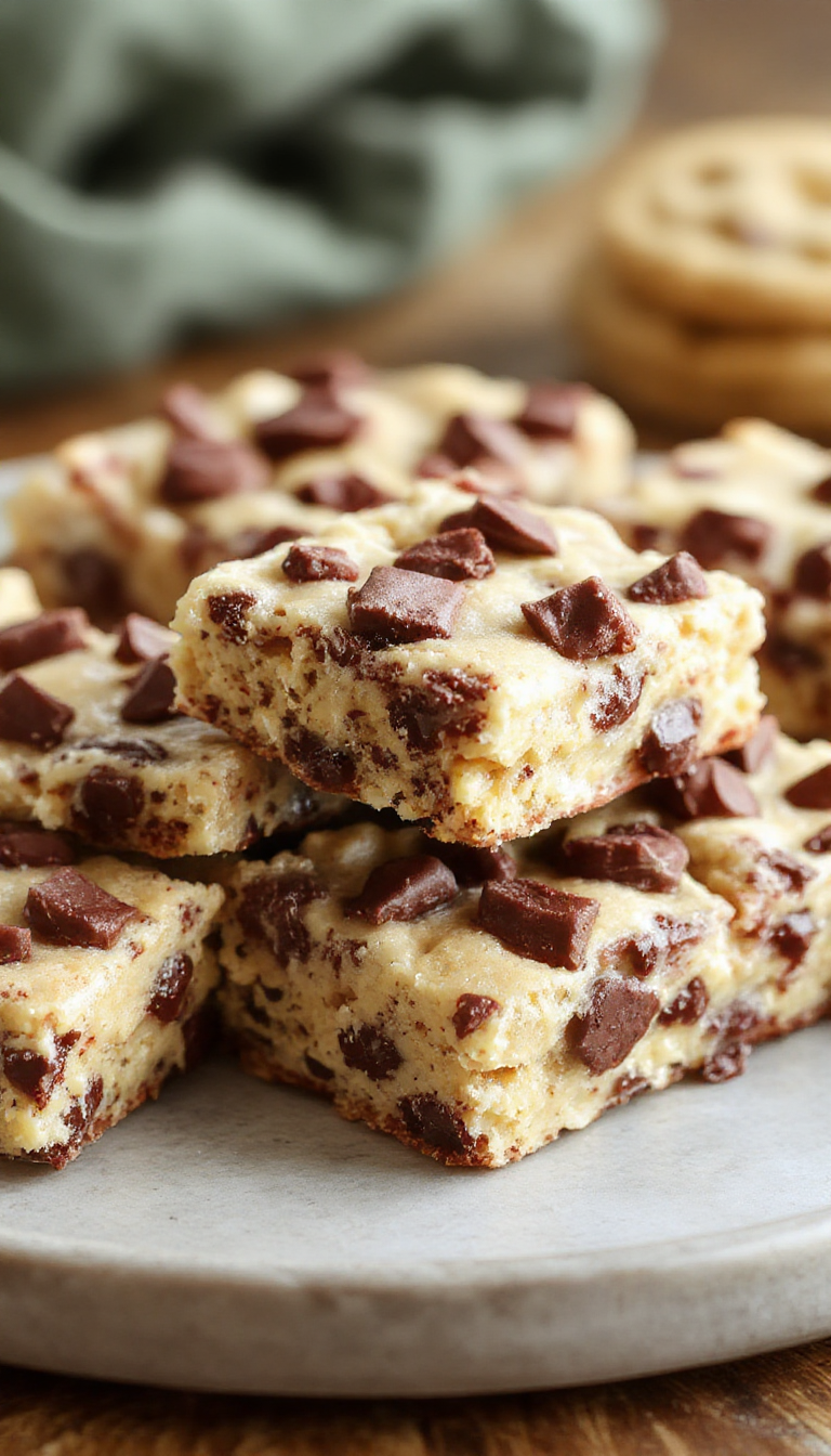 Delicious no-bake cookie dough bars with chunks of chocolate and a golden treat on a rustic wooden surface.