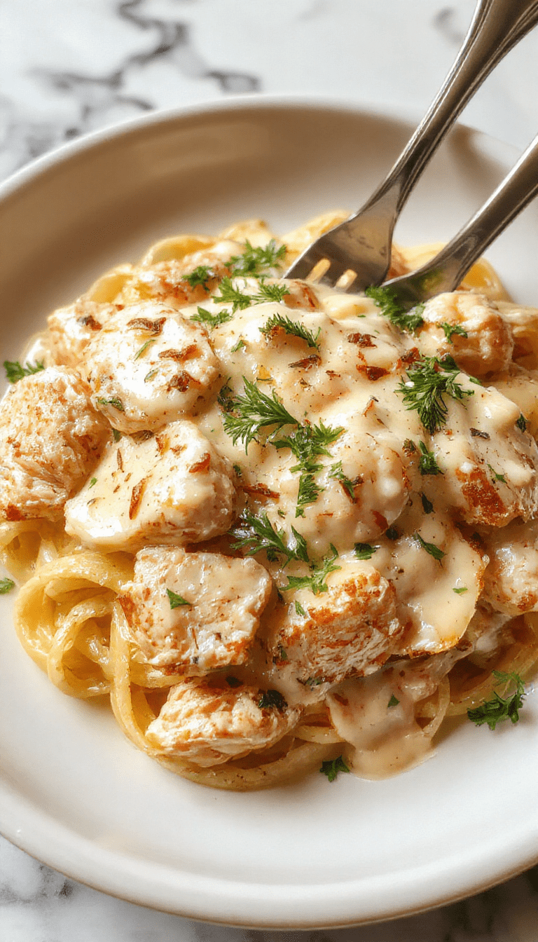 A vibrant plate of creamy chicken alfredo pasta topped with fresh chopped parsley, showcasing tender sliced chicken and perfectly coated noodles in a rich white sauce, styled on a rustic wooden table with a sprinkle of black pepper and parmesan cheese for a tempting presentation