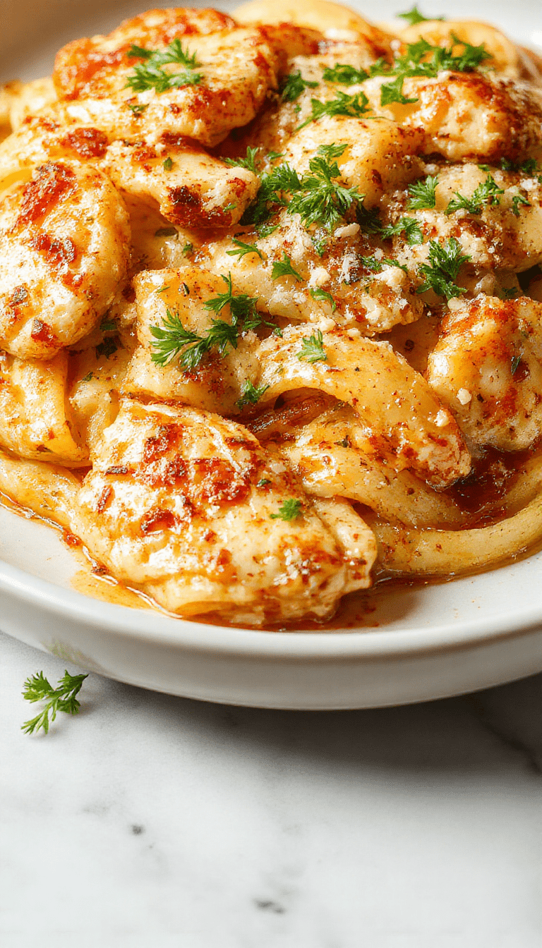 A vibrant plate of garlic parmesan chicken pasta featuring golden grilled chicken strips atop spiral pasta coated in creamy parmesan sauce. The dish is garnished with chopped parsley and grated parmesan, presented on a rustic white plate with a fork, with fresh garlic cloves and parsley sprigs beside it. The background includes a colorful table setting, emphasizing freshness and healthiness, with a slight sheen on the sauce highlighting its creamy texture.