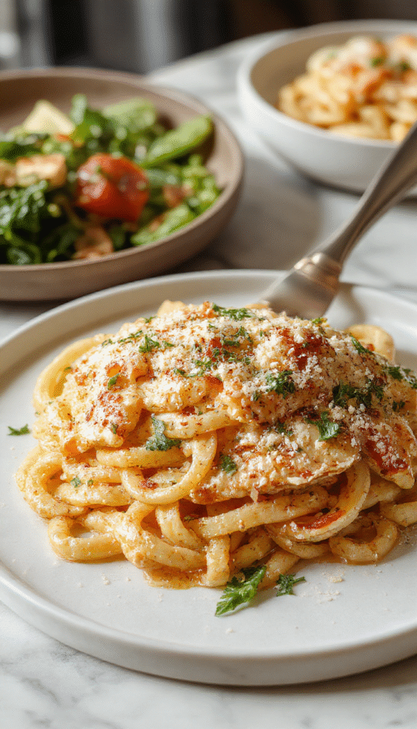 A vibrant plate of creamy garlic Parmesan chicken pasta featuring tender chicken strips, al dente pasta coated in a rich Parmesan sauce, garnished with fresh parsley and dotted with melted cheese. The dish is styled elegantly on a white plate with a rustic wooden background, highlighting the golden-brown chicken, smooth sauce textures, and vibrant green herbs.