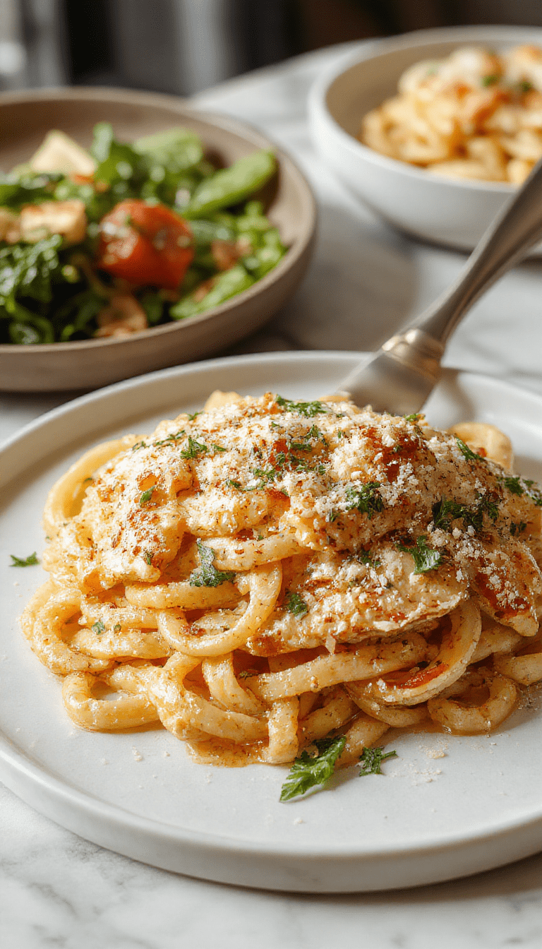 A vibrant plate of creamy garlic Parmesan chicken pasta featuring tender chicken strips, al dente pasta coated in a rich Parmesan sauce, garnished with fresh parsley and dotted with melted cheese. The dish is styled elegantly on a white plate with a rustic wooden background, highlighting the golden-brown chicken, smooth sauce textures, and vibrant green herbs.