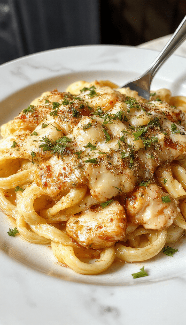 A vibrant plate of garlic parmesan chicken pasta featuring golden-brown chicken pieces coated in creamy parmesan sauce, garnished with chopped parsley, served on a white plate with a fork, fresh basil leaves and cherry tomatoes in the background, bright natural lighting highlighting the textures and colors.