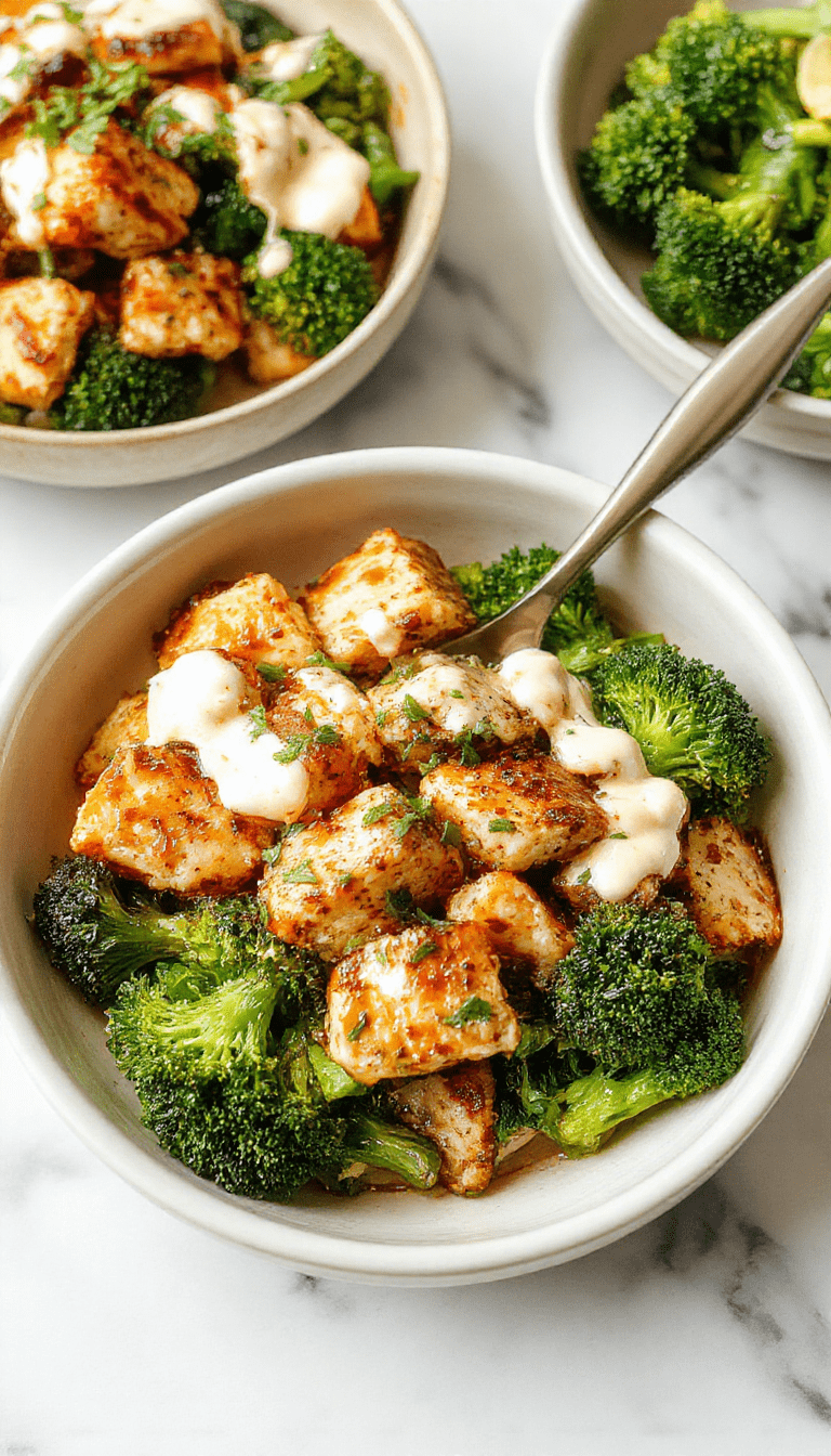 Colorful grilled chicken and vibrant broccoli florets arranged in a white bowl topped with creamy garlic sauce, garnished with fresh herbs, showcasing a fresh, healthy meal with a glossy texture and inviting presentation.