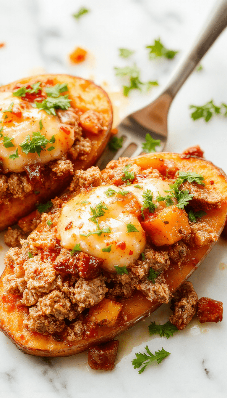 Colorful and appealing ground turkey and sweet potato bake featuring golden-brown roasted sweet potatoes topped with seasoned ground turkey, garnished with fresh herbs on a rustic ceramic plate.