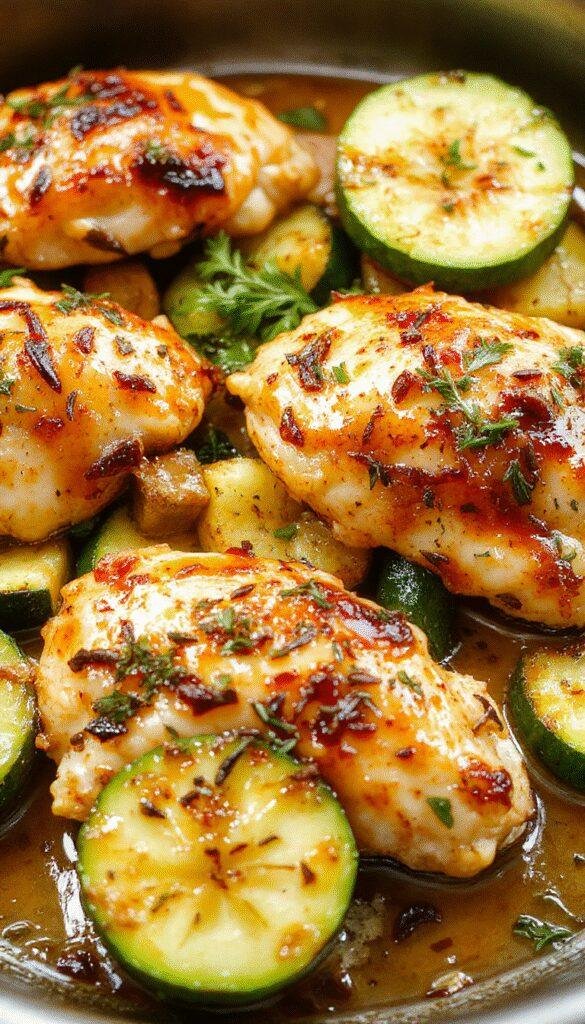 A colorful plate featuring grilled chicken and zucchini slices garnished with herbs on a white serving dish.