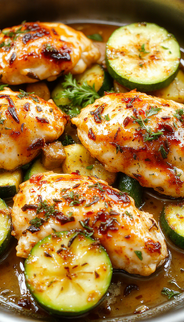 A colorful plate featuring grilled chicken and zucchini slices garnished with herbs on a white serving dish.