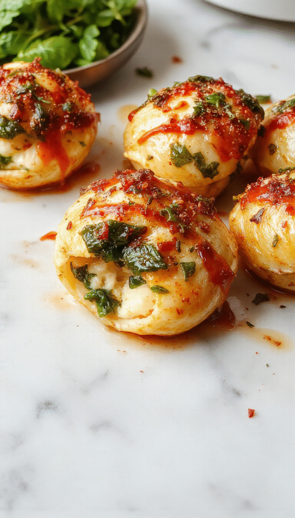 Colorful plate of baked spinach and ricotta stuffed shells topped with melted cheese and fresh herbs, garnished with spinach leaves and a drizzle of sauce, vibrant and inviting.