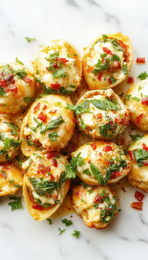 Colorful plate of baked spinach and ricotta stuffed shells with golden melted cheese on top, garnished with fresh basil and cherry tomatoes, styled elegantly on a white plate with a rustic wooden background.