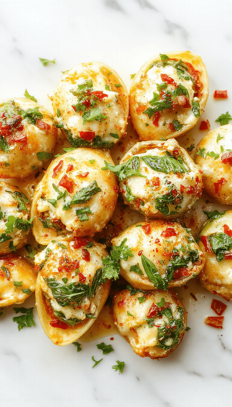 Colorful plate of baked spinach and ricotta stuffed shells with golden melted cheese on top, garnished with fresh basil and cherry tomatoes, styled elegantly on a white plate with a rustic wooden background.