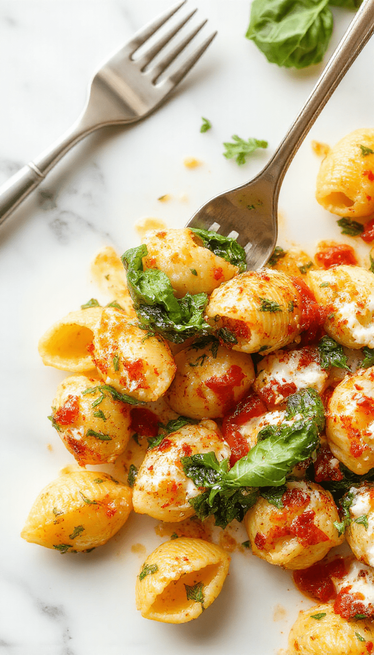 Colorful plate of cooked large pasta shells filled with vibrant green spinach and creamy ricotta cheese, garnished with fresh basil and a sprinkle of grated Parmesan, arranged neatly on a white dish with a rustic wooden background.