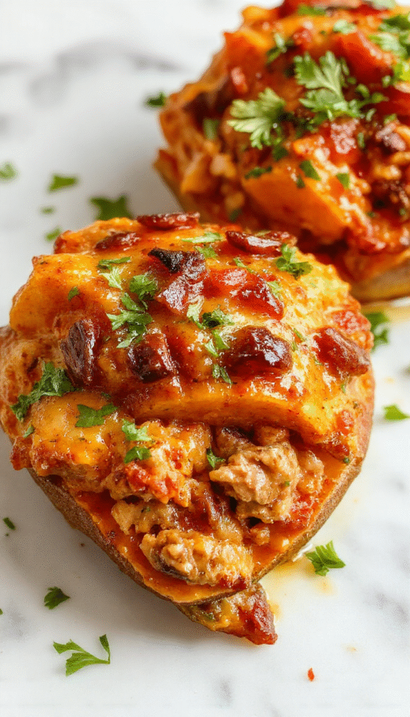 A vibrant plate featuring a golden-brown sweet potato and ground turkey bake topped with fresh herbs, served alongside colorful roasted vegetables and garnished with chopped parsley, highlighting textures of crispy edges and tender interiors.