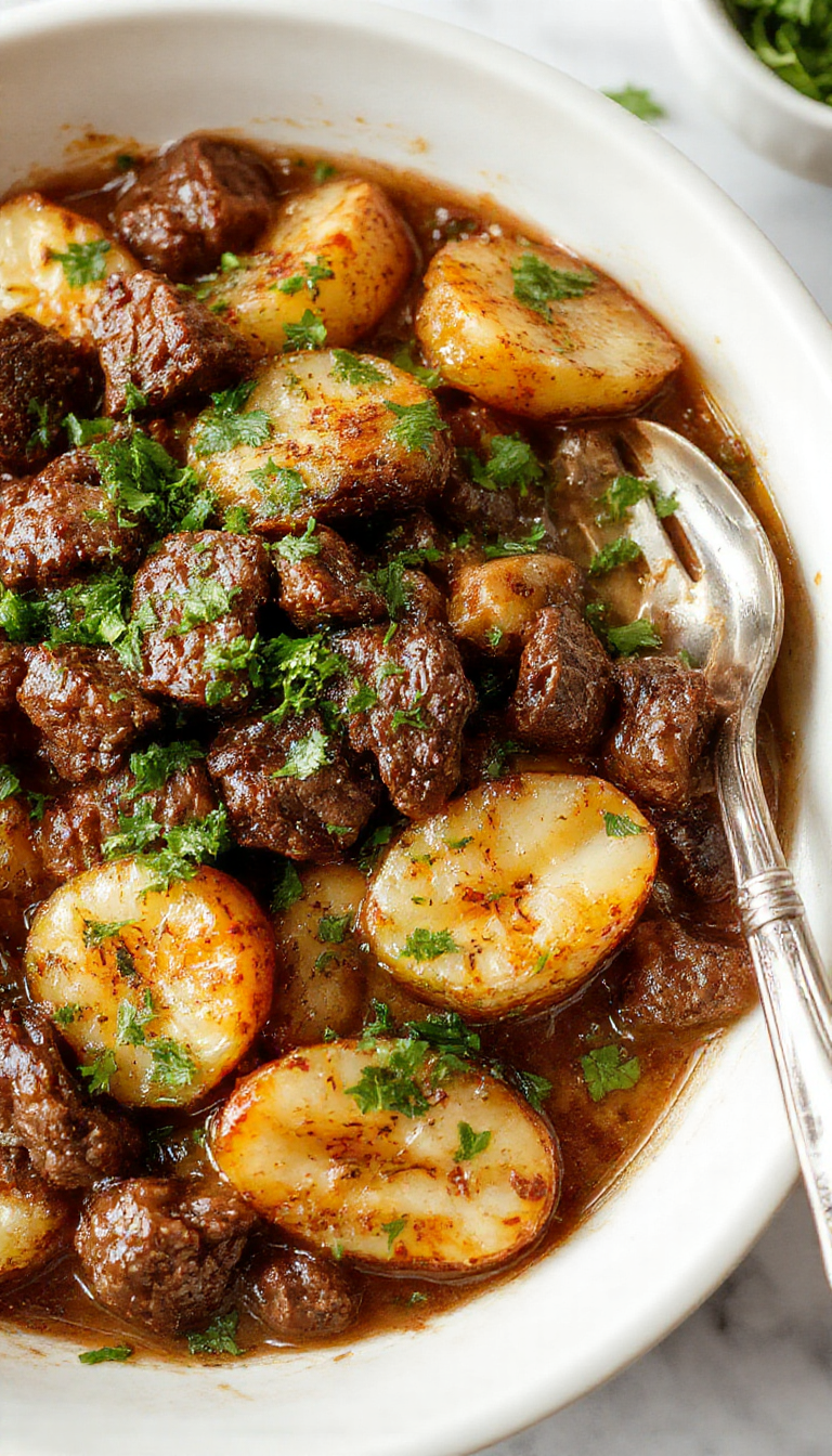 A hearty beef and potato bake in a rustic oven dish, topped with golden melted cheese and fresh herbs, ready to serve.