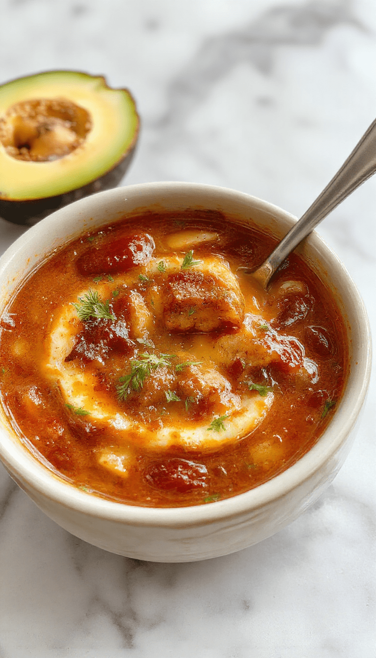 A vibrant bowl of chile relleno soup featuring rich red and green peppers, melted cheese, and garnished with fresh herbs, served in a rustic white bowl on a wooden surface.