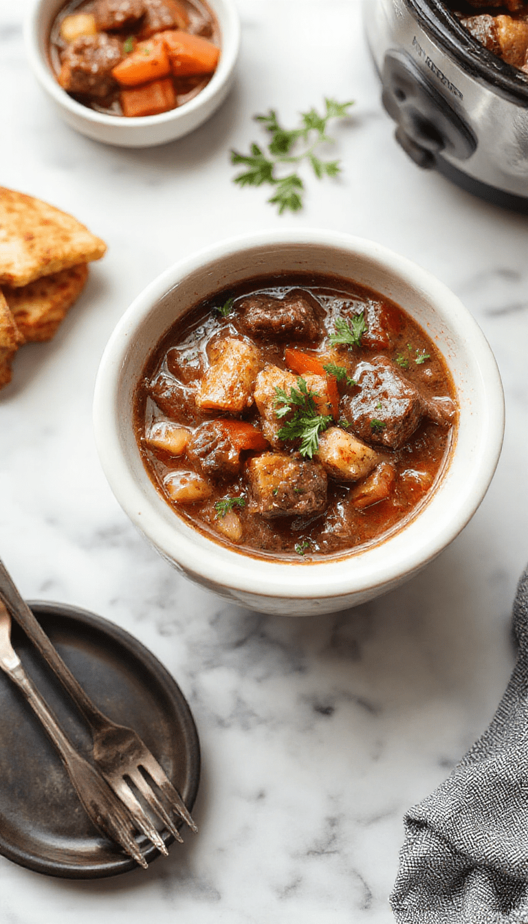 A steaming bowl of rich beef stew with tender chunks of beef, carrots, potatoes, and celery in a thick savory broth. The bowl sits on a rustic wooden table, garnished with fresh herbs, surrounded by whole vegetables and rustic utensils, showcasing a warm, inviting presentation with vibrant orange, red, and earthy tones.