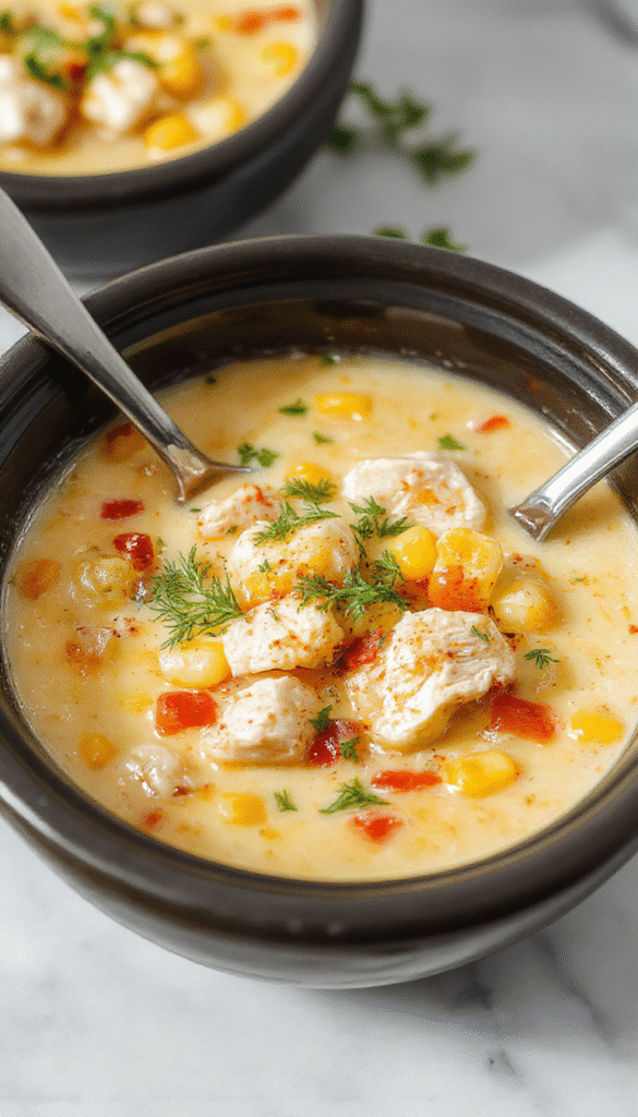 A steaming bowl of creamy chicken corn chowder garnished with fresh herbs, showcasing tender shredded chicken, sweet corn kernels, and a smooth, thick broth, served on a rustic wooden table with slices of crusty bread in the background.