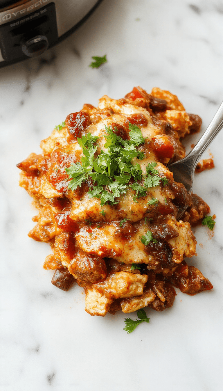 A vibrant plate featuring a layered chicken enchilada casserole garnished with fresh cilantro, melted cheese bubbling around the edges, colorful side salads, and a drizzle of sour cream on top, all styled on a rustic wooden table with a warm, inviting ambiance.