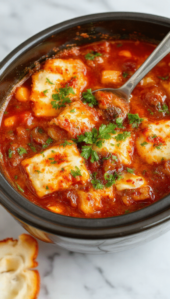A steaming bowl of crockpot lasagna soup with layers of rich tomato broth, melted cheese, and tender pasta topped with fresh basil leaves, served on a rustic wooden table with a spoon resting beside.