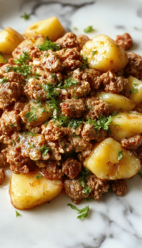 A colorful skillet filled with golden-brown ground turkey and tender diced potatoes garnished with green herbs, served on a rustic wooden table with fresh vegetables beside.