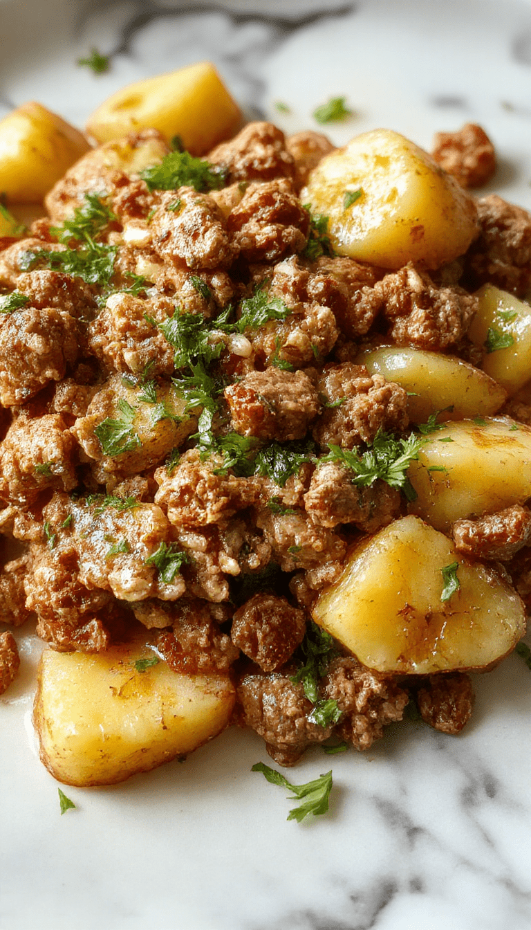A colorful skillet filled with golden-brown ground turkey and tender diced potatoes garnished with green herbs, served on a rustic wooden table with fresh vegetables beside.