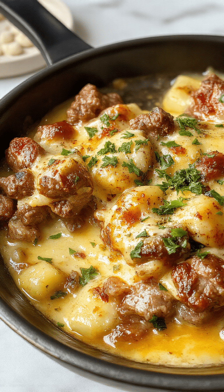 A colorful skillet featuring golden-brown crispy potatoes topped with seasoned ground meat, melted cheese oozing over the sides, garnished with fresh herbs, served in a rustic cast-iron pan with a wooden spoon on a wooden background