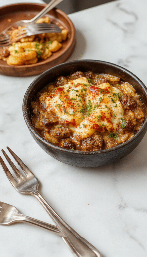 Colorful cheeseburger orzo skillet featuring golden-brown cooked orzo pasta topped with melted cheddar cheese, fresh chopped pickles, bright red tomatoes, and green lettuce. The dish is served in a rustic skillet with visible steam, highlighting its savory and cheesy appeal, garnished with fresh herbs.