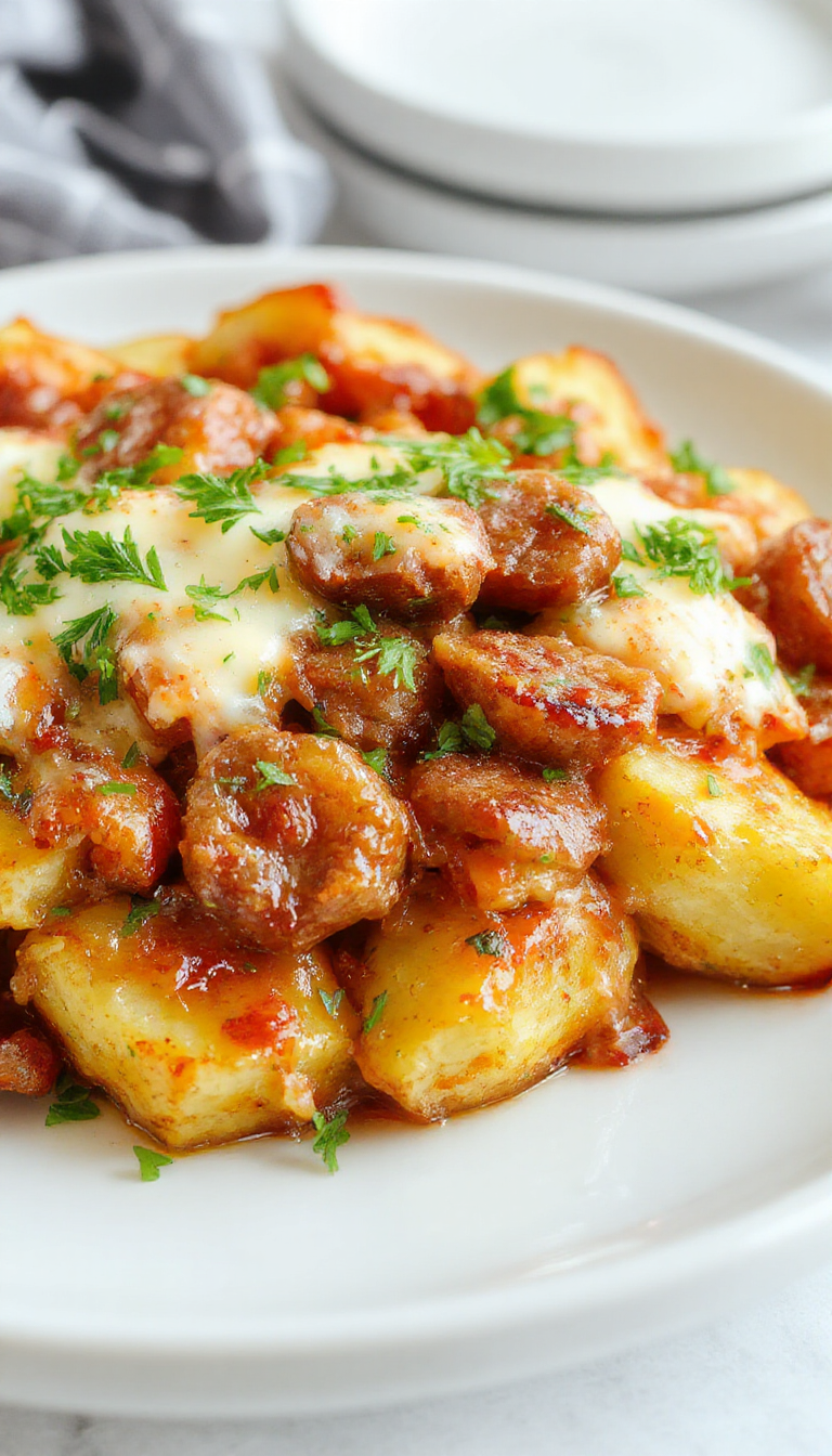 A delicious potato bake topped with slices of smoked sausage, sprinkled with herbs and drizzled with creamy ranch dressing, garnished with fresh parsley.