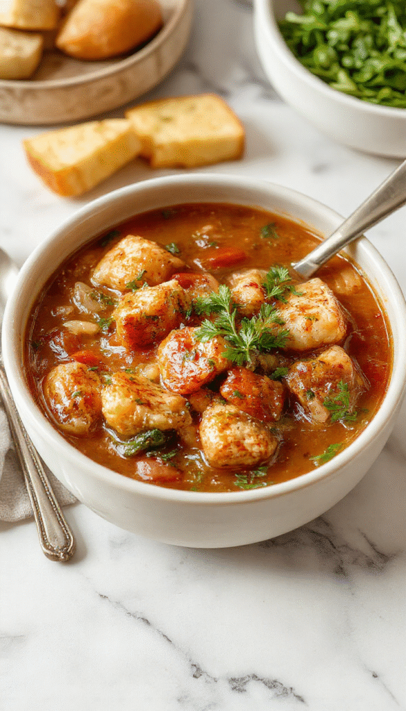 A warm, colorful chicken stew served in a rustic bowl, featuring tender shredded chicken, chunky vegetables like carrots, potatoes, and celery, simmering in a rich, savory broth. The dish is garnished with fresh herbs and placed on a wooden table with a cozy, homey ambiance, emphasizing hearty textures and inviting presentation.