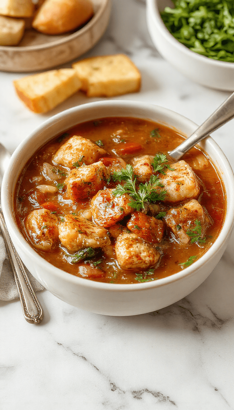 A warm, colorful chicken stew served in a rustic bowl, featuring tender shredded chicken, chunky vegetables like carrots, potatoes, and celery, simmering in a rich, savory broth. The dish is garnished with fresh herbs and placed on a wooden table with a cozy, homey ambiance, emphasizing hearty textures and inviting presentation.