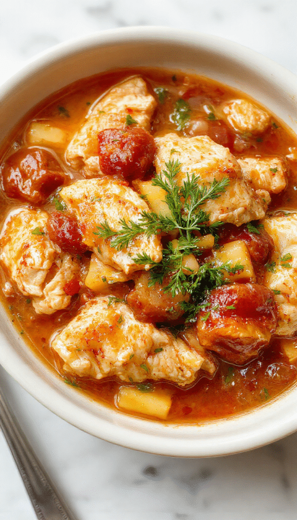 A warm bowl of slow cooker chicken stew with tender shredded chicken, vibrant vegetables like carrots and potatoes, garnished with fresh herbs on a rustic wooden table, steam rising from the hearty dish providing a cozy and inviting feel