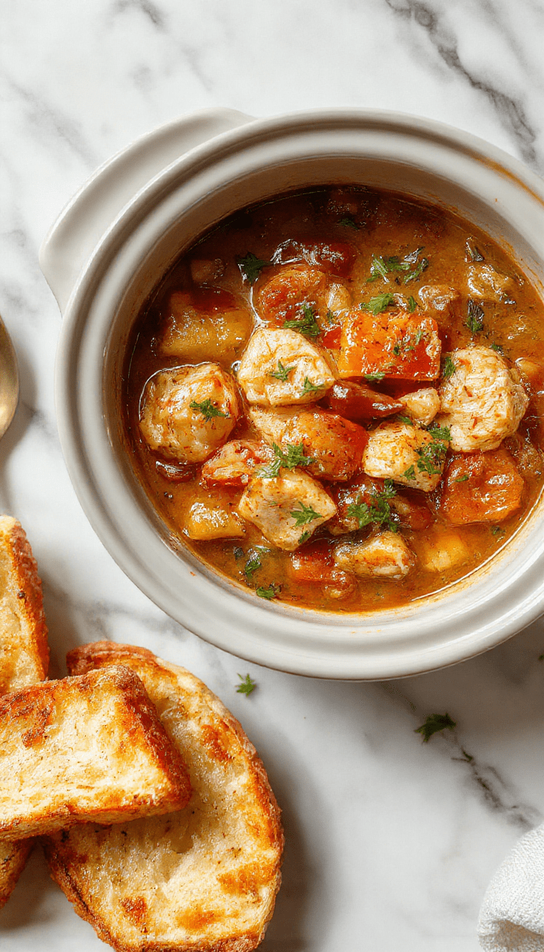 A rustic white bowl filled with hearty chicken stew garnished with fresh herbs, surrounded by chunks of tender chicken, vegetables, and a rich broth, all atop a wooden table with a cozy kitchen background, vibrant colors, steaming hot and textured for inviting warmth.