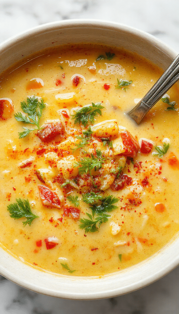 A vibrant bowl of creamy vegetable soup featuring colorful carrots, celery, and spinach garnished with fresh herbs, served in a rustic white bowl on a wooden table with a spoon, highlighting the rich, smooth texture and fresh ingredients visually appealing and inviting.